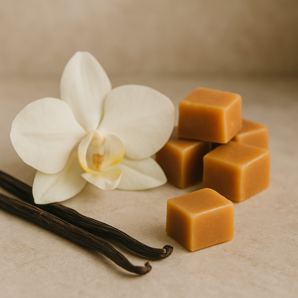Vanilla Caramel soy candle, wax melts and diffuser on a warm neutral backdrop – Zenvi Boutique