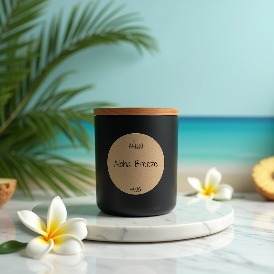 An Aloha Breeze tropical scented soy candle in a matte black jar.