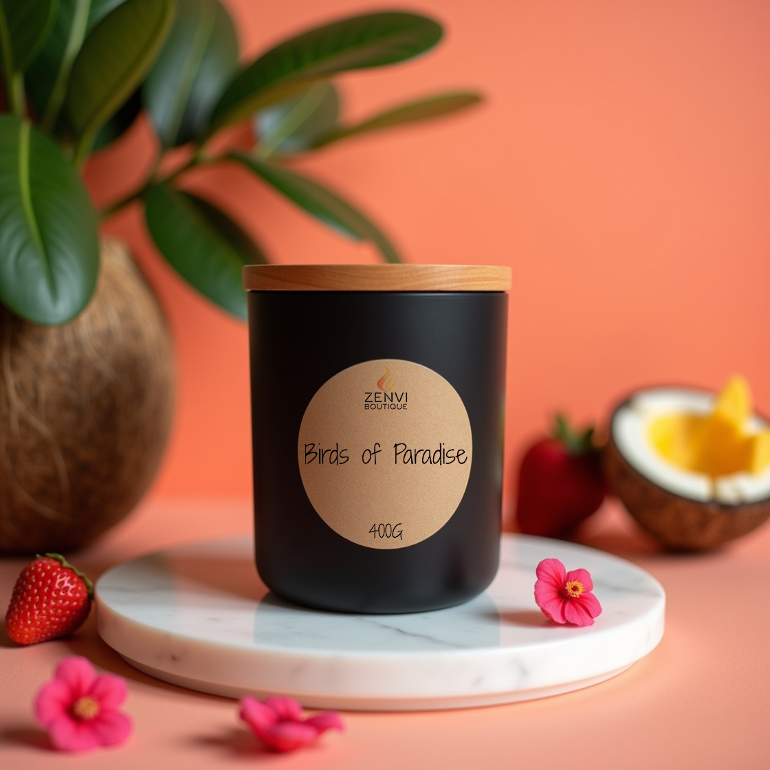 A luxurious Birds of Paradise floral scented soy candle in a matte black jar.