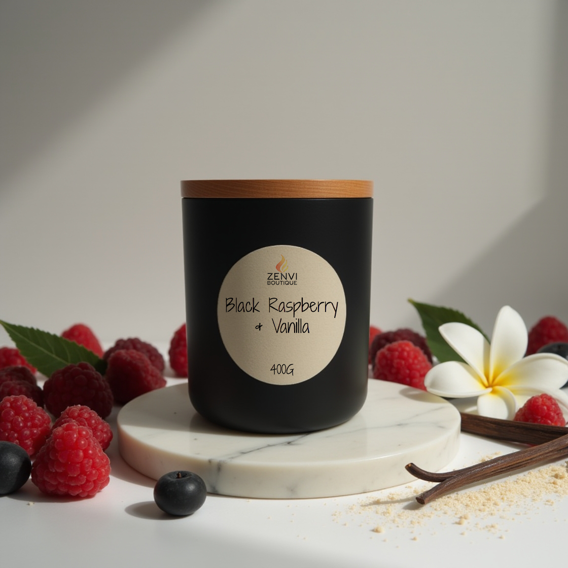 Zenvi Boutique's Black Raspberry & Vanilla soy candle in a premium matte black jar.