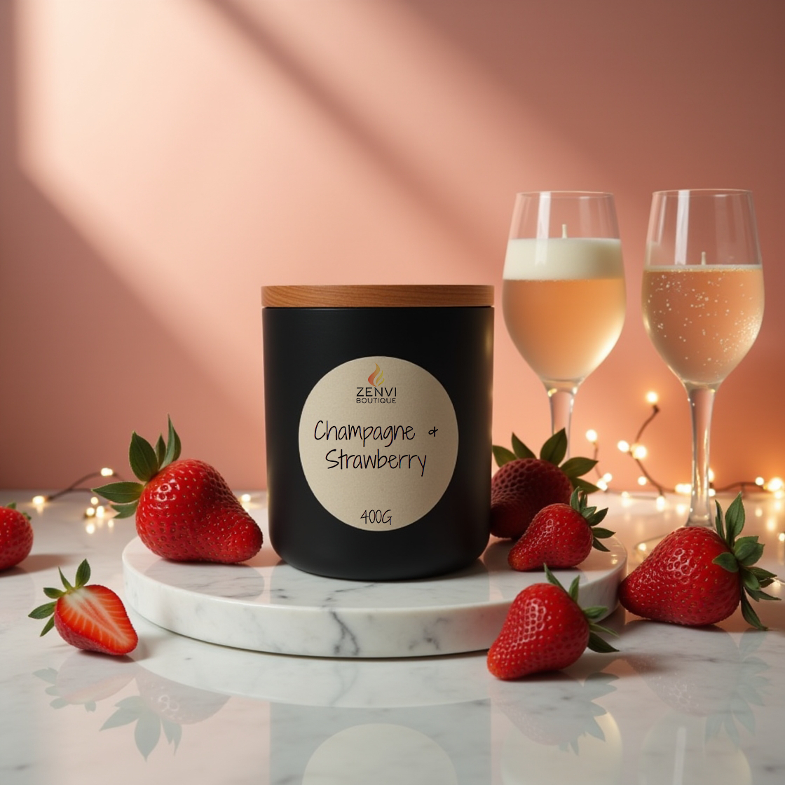 A romantic Champagne & Strawberry scented soy candle in a matte black glass jar.