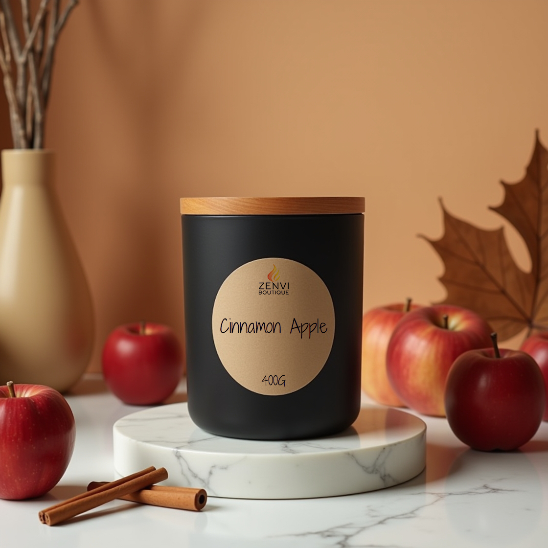 A warm Cinnamon Apple scented soy candle in a matte black jar.