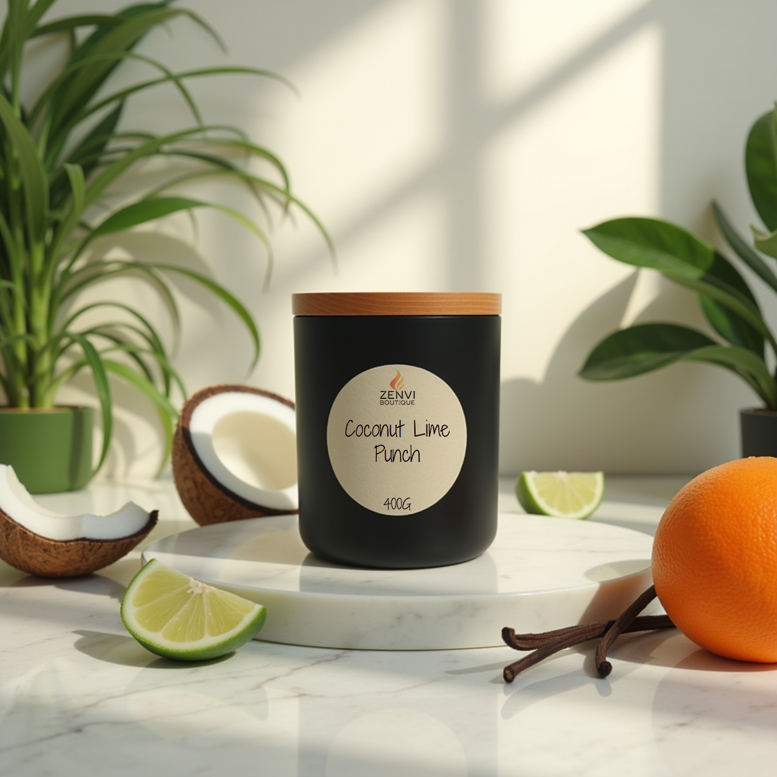 Zenvi Boutique's tropical Coconut Lime Punch scented soy candle.