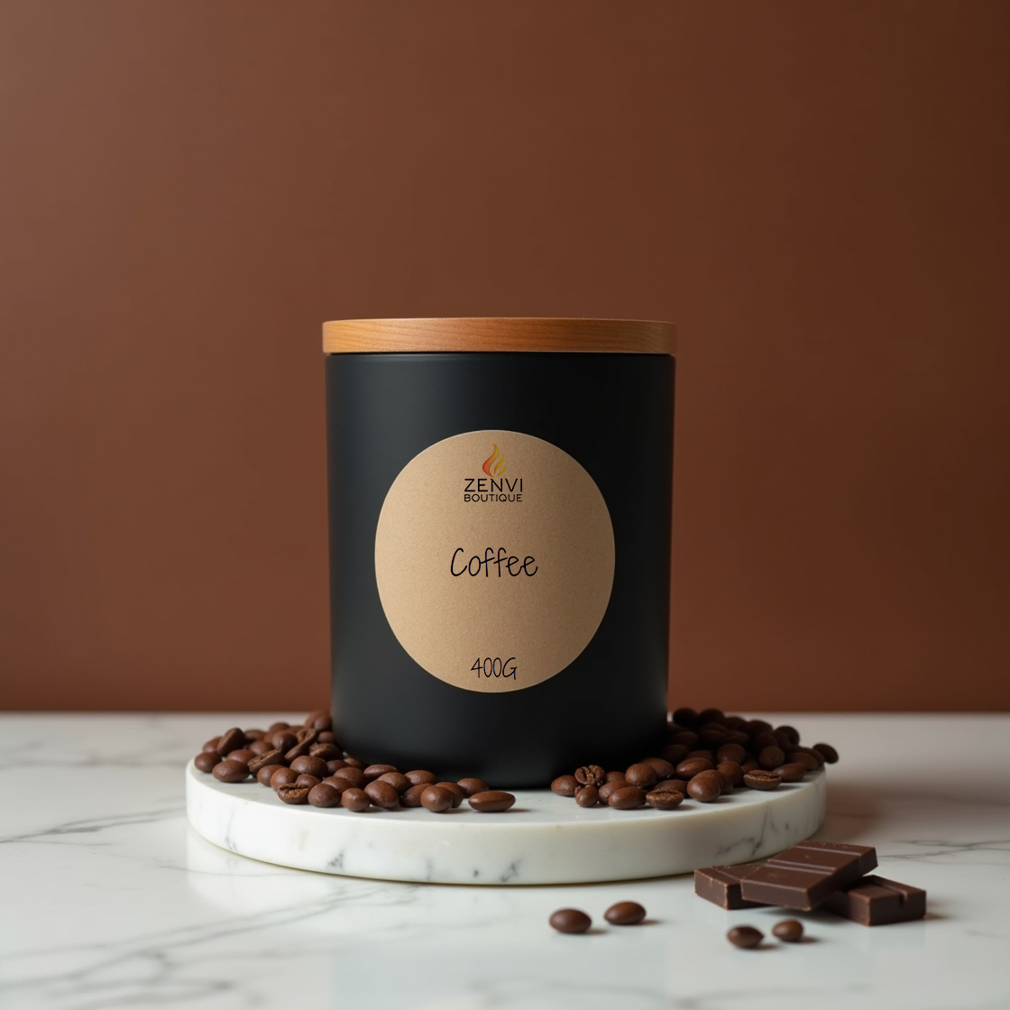 A rich brown, coffee scented soy candle in a matte black glass jar.