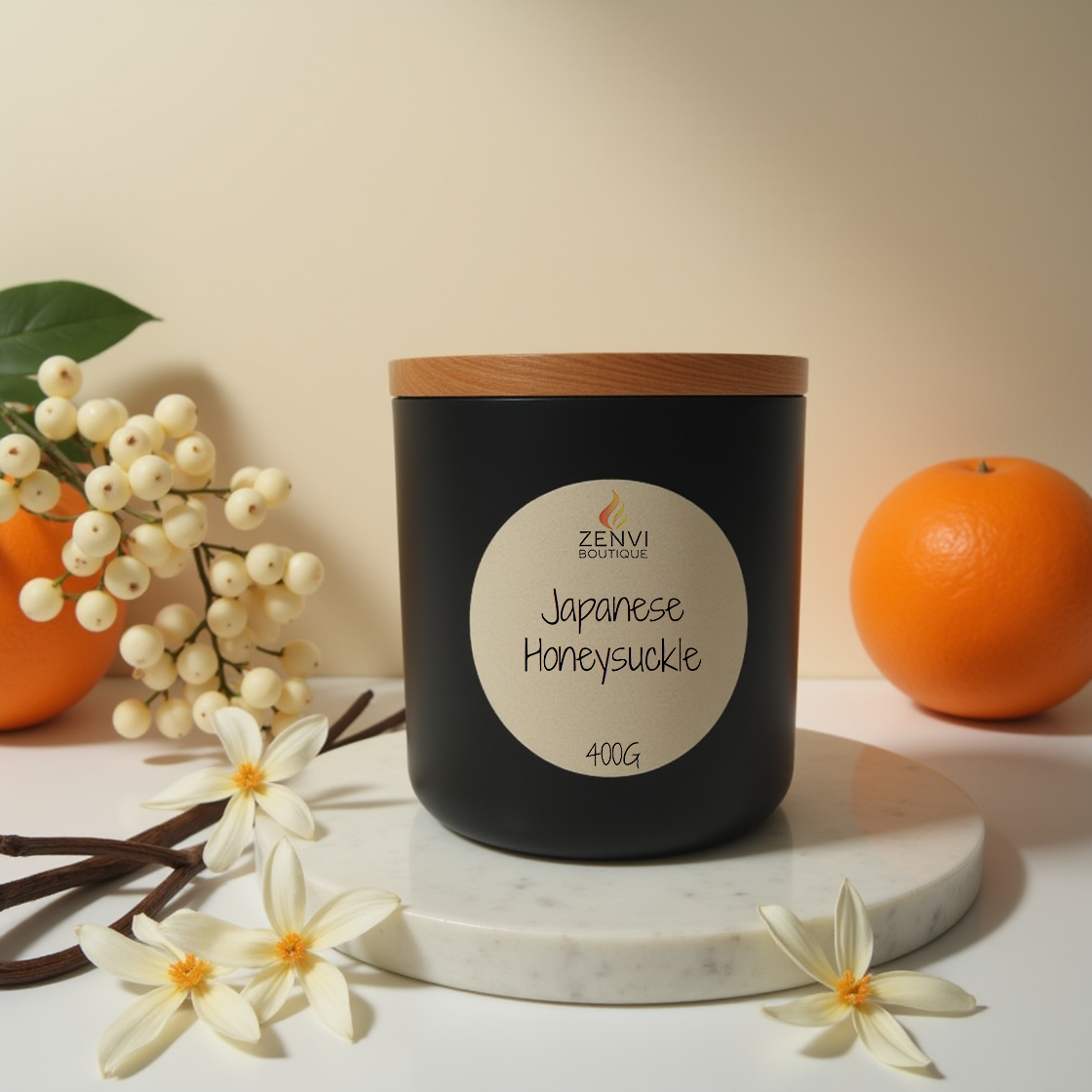 A Japanese Honeysuckle floral scented soy candle by Zenvi Boutique.