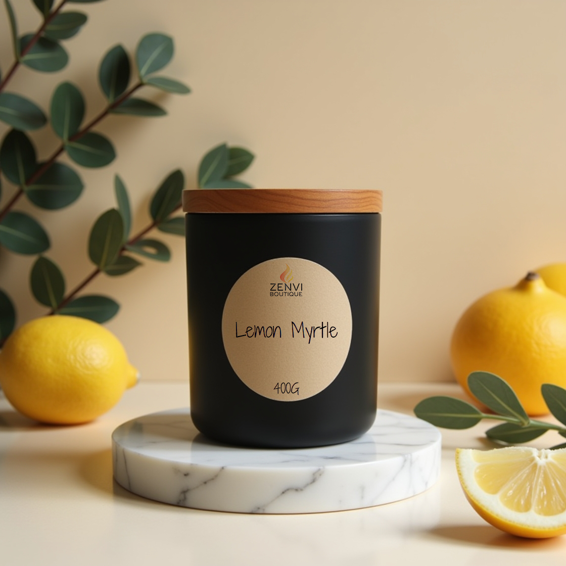 A native Lemon Myrtle scented soy candle in a matte black glass jar.