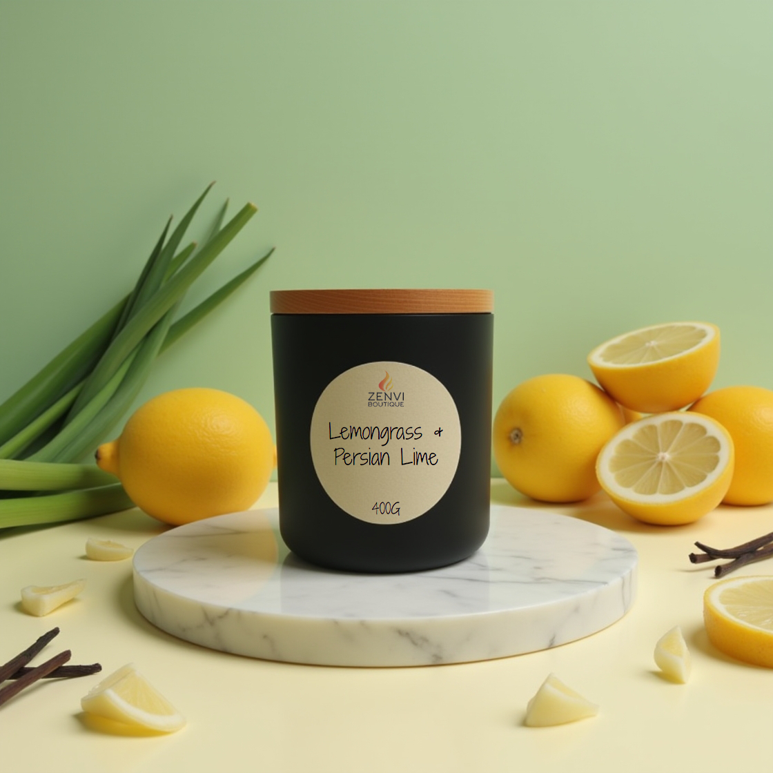 A Lemongrass & Persian Lime scented soy candle in a matte black jar.