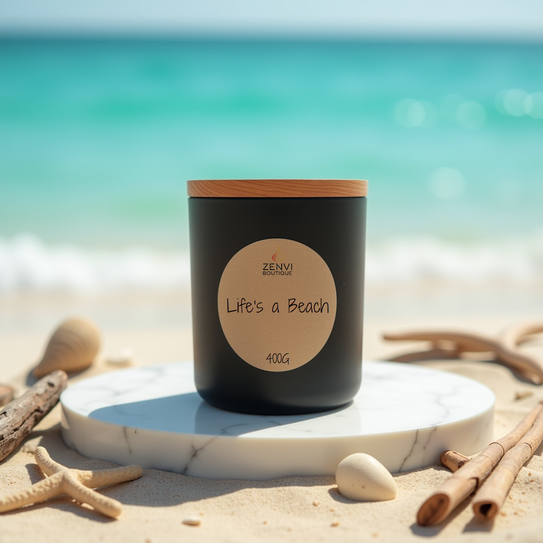 A fresh Life's a Beach scented soy candle in a matte black jar.