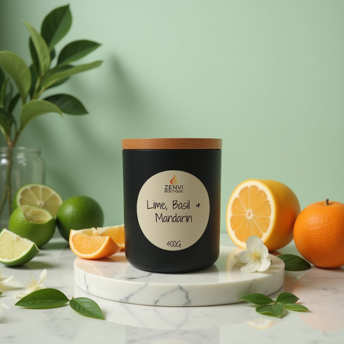 A fresh Lime, Basil & Mandarin scented soy candle in a matte black jar.