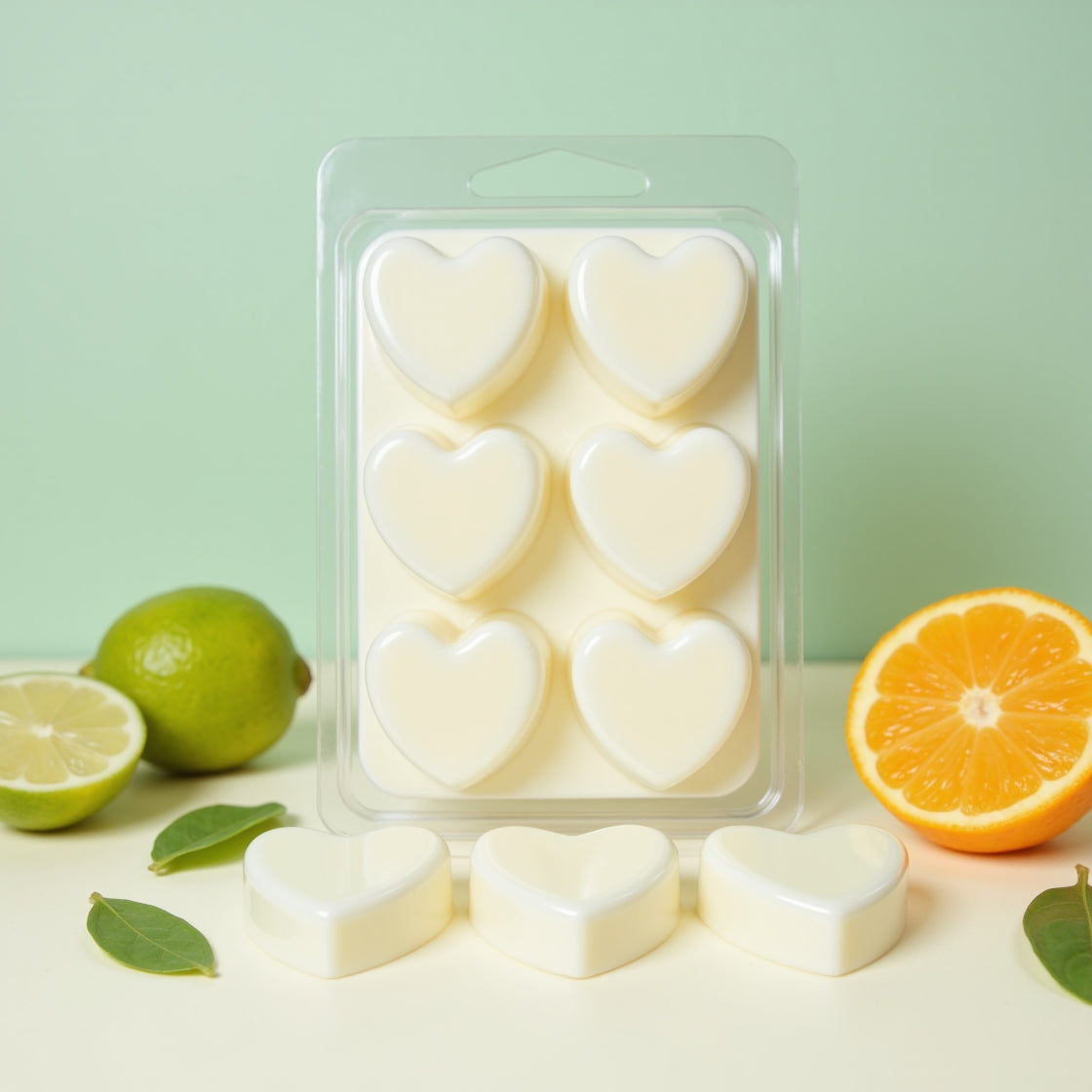 A pack of fresh Lime, Basil & Mandarin soy wax melts.