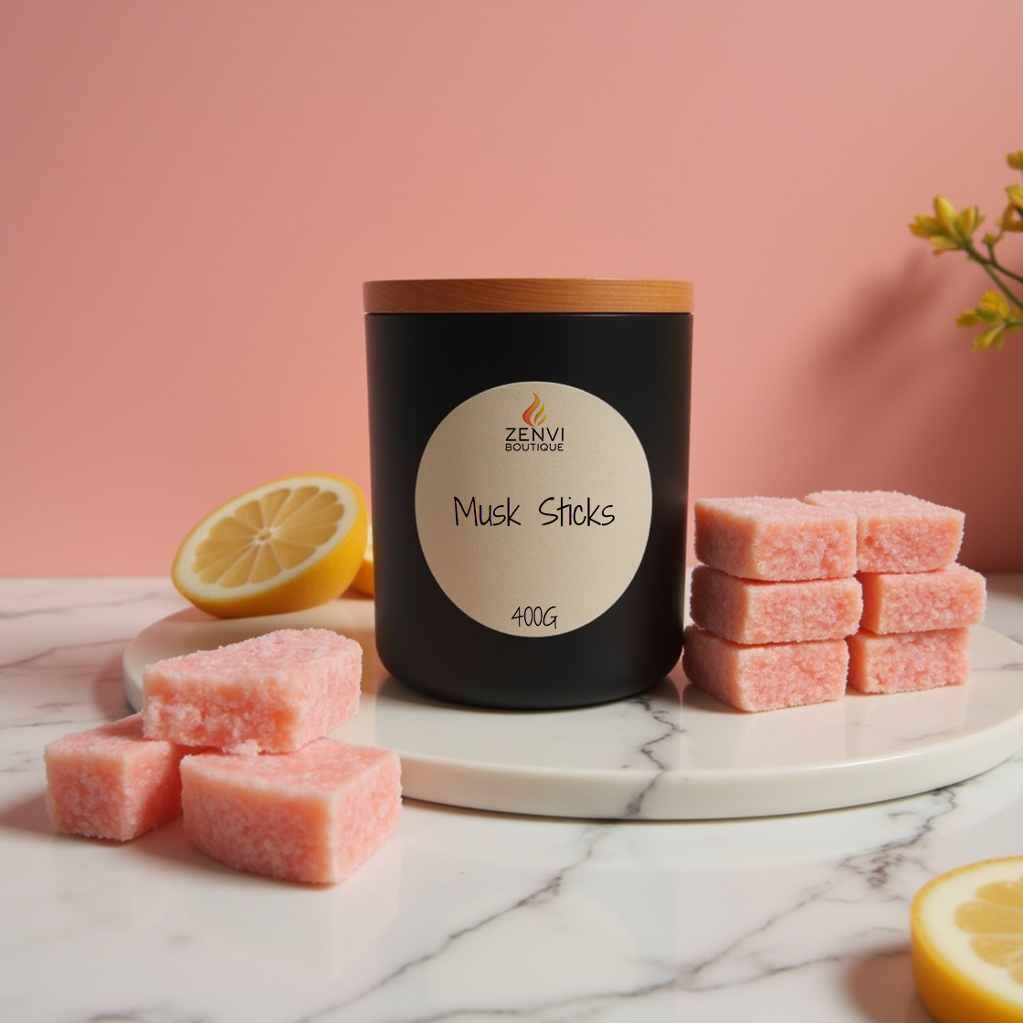 A nostalgic pink Musk Sticks scented soy candle in a matte black jar.