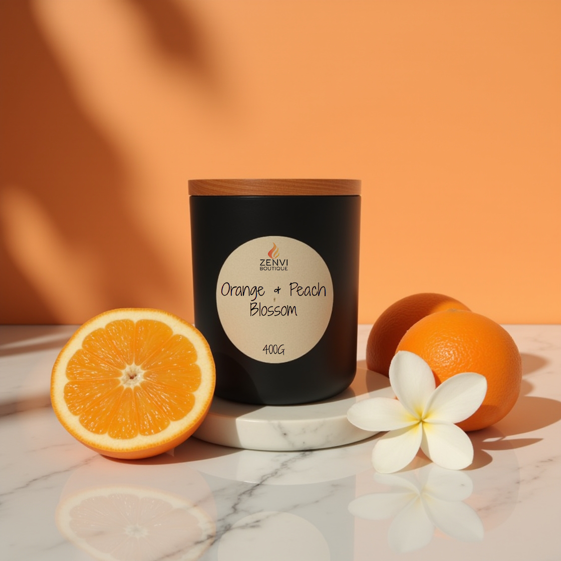 An Orange & Peach Blossom floral scented soy candle in a matte black jar.