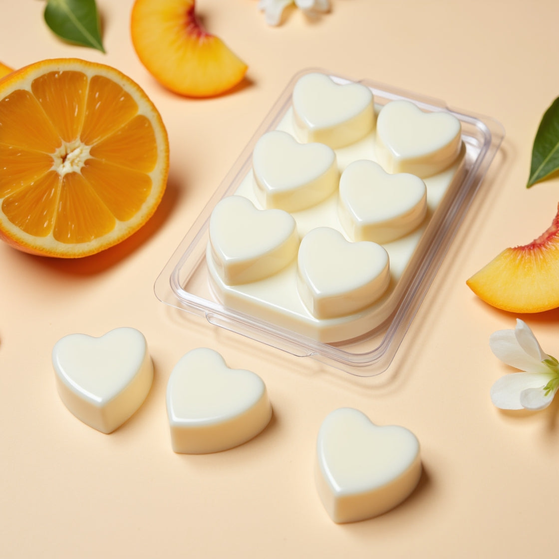 A pack of floral Orange & Peach Blossom soy wax melts in a clamshell.