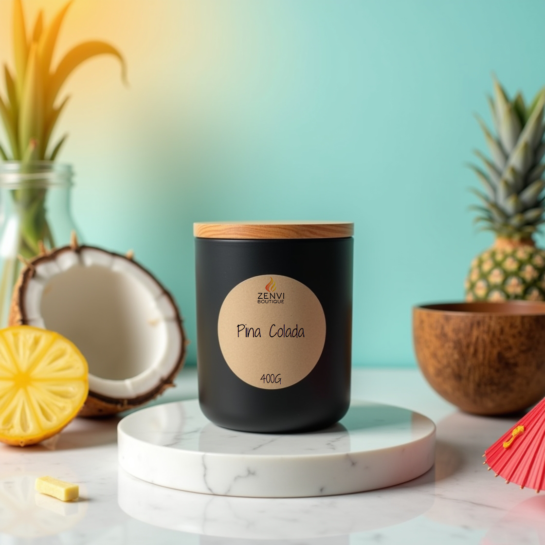 A tropical Pina Colada scented soy candle in a matte black jar.