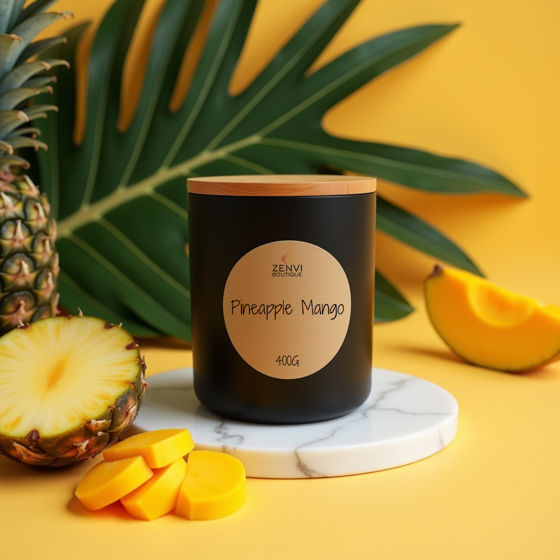 A tropical Pineapple Mango scented soy candle in a matte black jar.