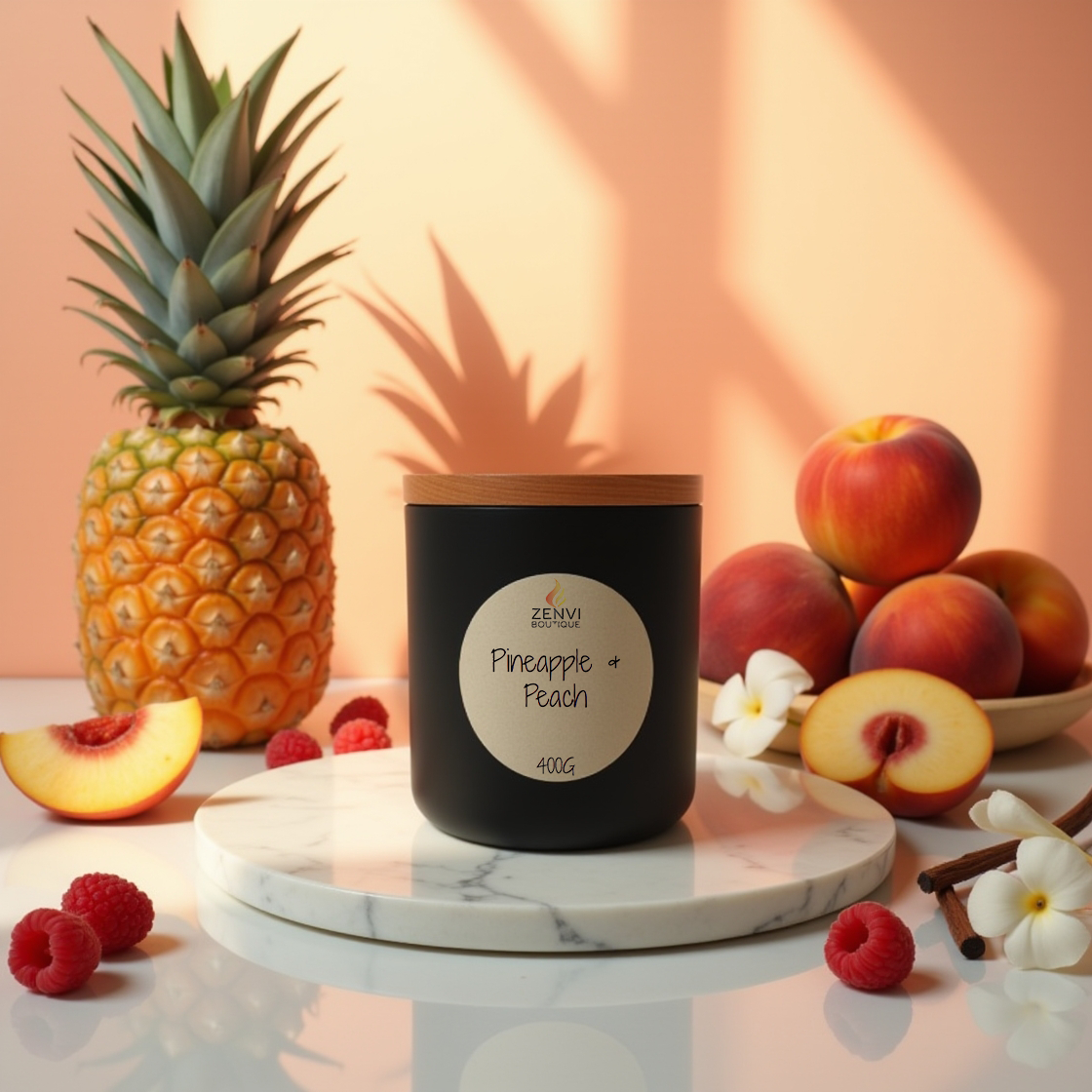 A juicy Pineapple & Peach scented soy candle in a matte black jar.