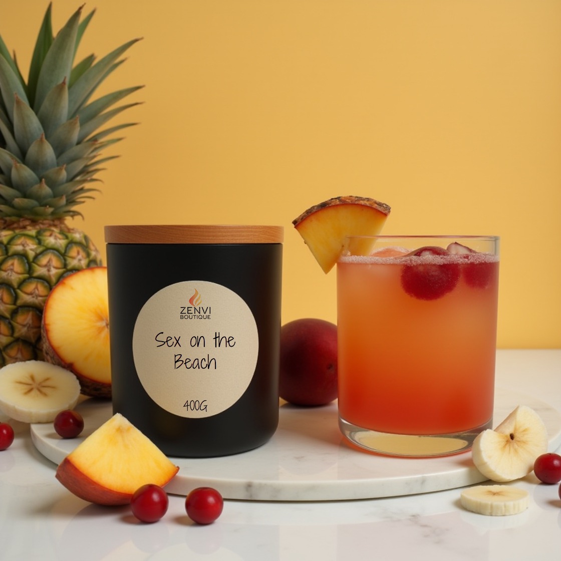 A fruity Sex on the Beach cocktail scented soy candle in a matte black jar.