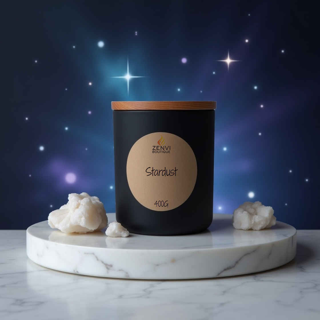 A magical Stardust scented soy candle in a matte black jar.