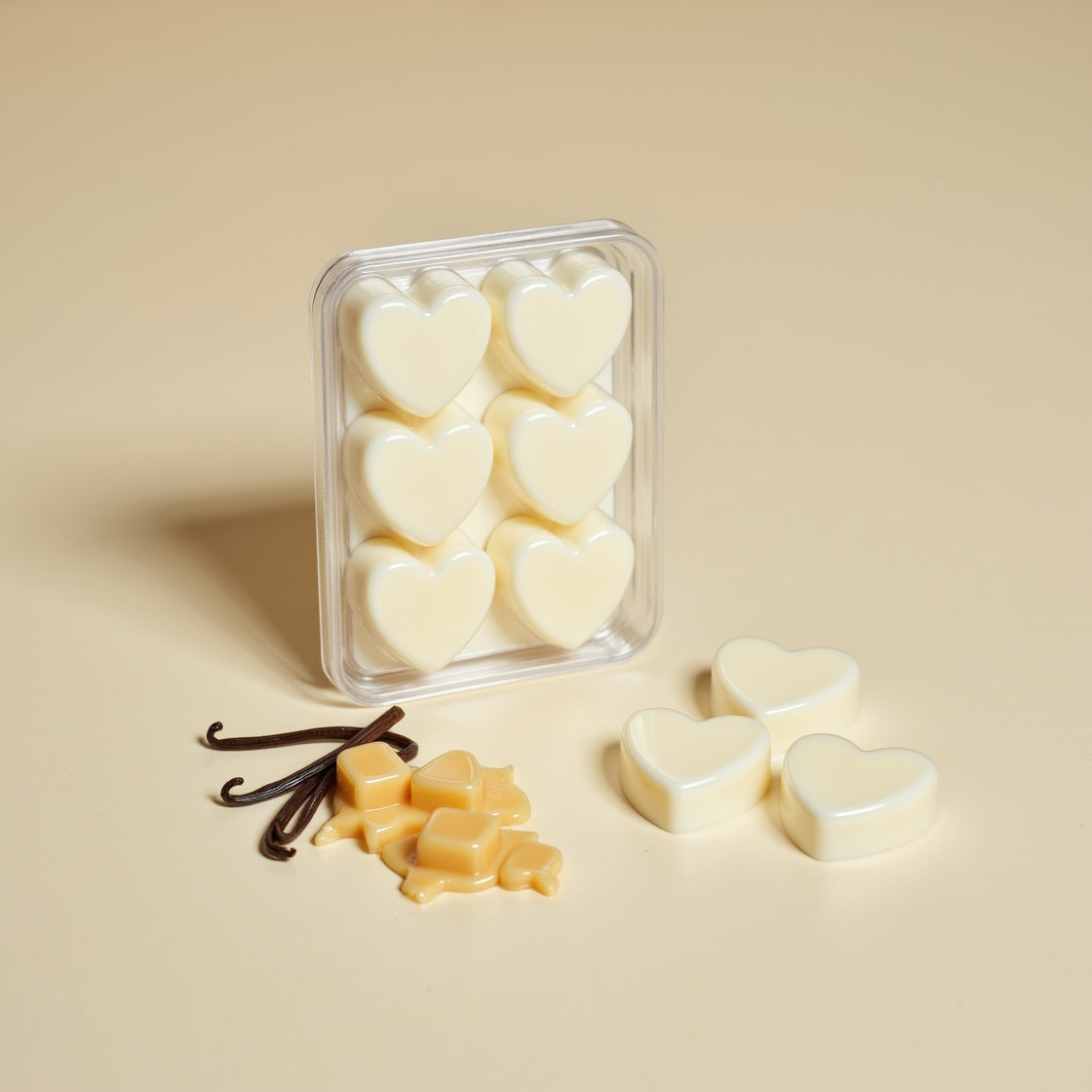 A clamshell pack of Vanilla Caramel scented soy wax melts.