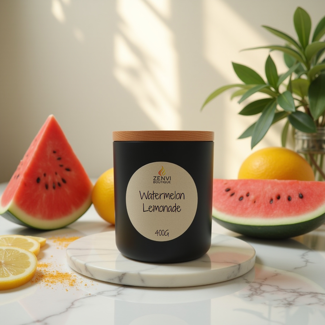 Zenvi Boutique's refreshing Watermelon Lemonade scented soy candle.