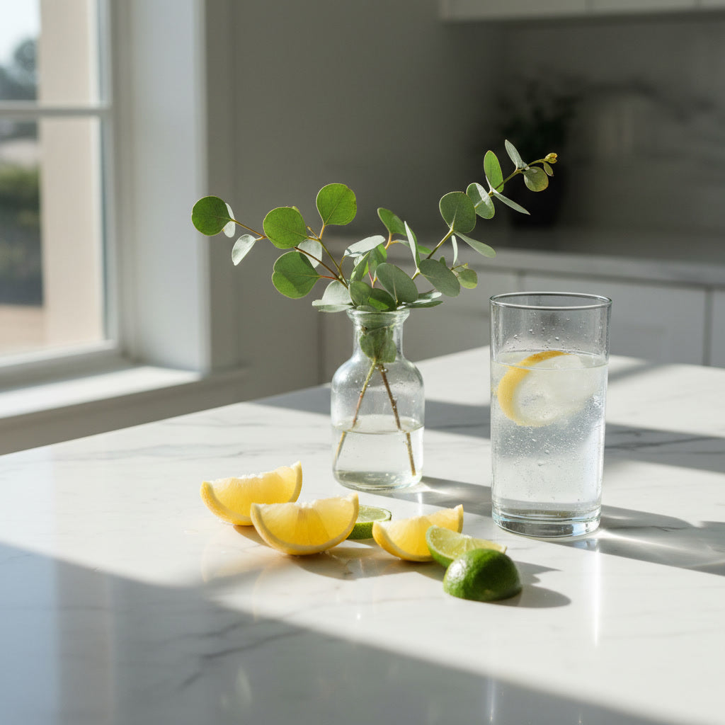 Bright kitchen marble counter displaying fresh lemon slices, limes, and eucalyptus branches in morning light, representing Zenvi's Fresh & Fruity citrus soy candle collection.