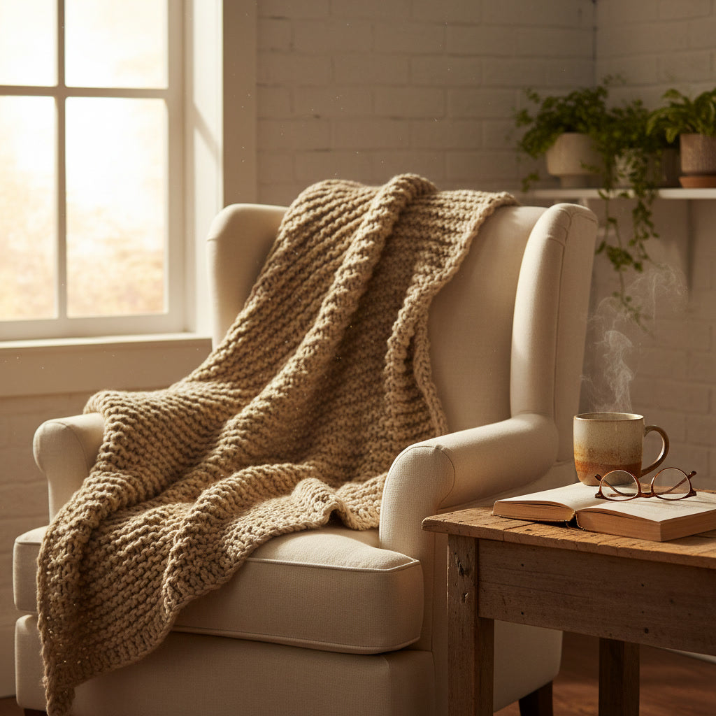 Cozy armchair with a chunky knit blanket, steaming tea mug, and open book in warm golden light, representing Zenvi's Sweet & Cozy soy candle collection for relaxation at home.