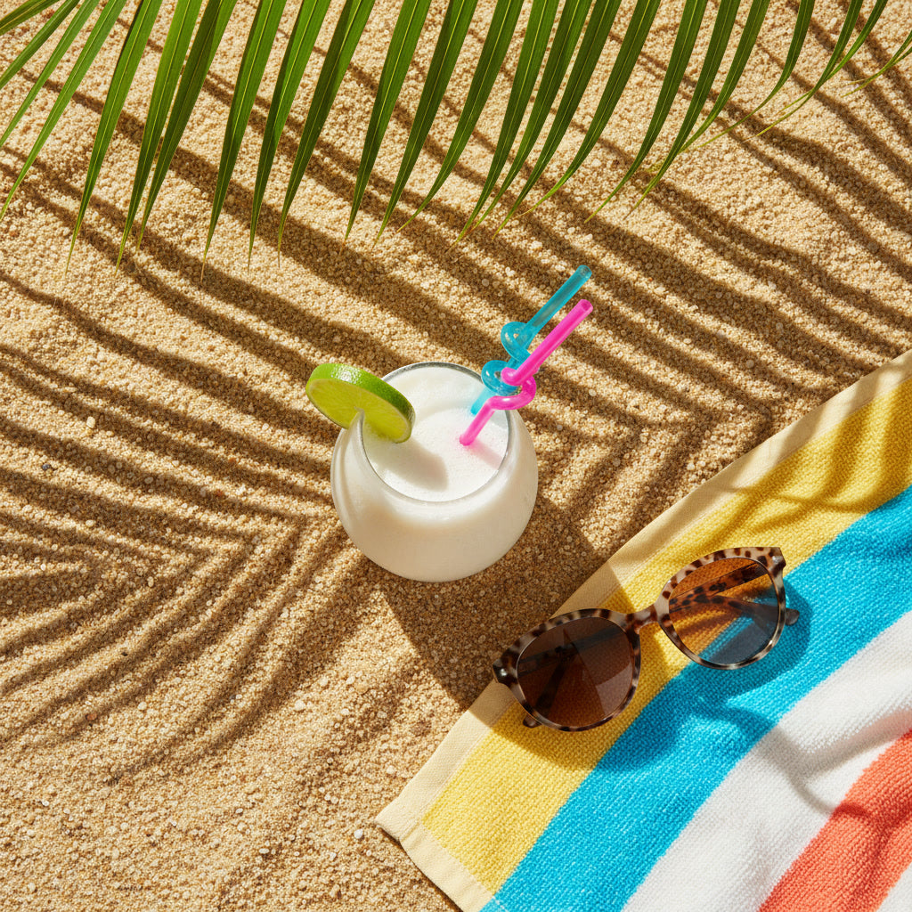 Summer beach flat lay with a coconut drink, sunglasses, and striped towel on golden sand, representing Zenvi's limited edition Seasonal Specials tropical candle collection.