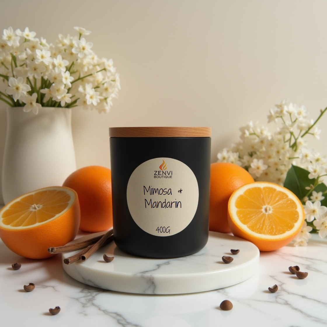 Zenvi Boutique's Mimosa & Mandarin citrus scented soy candle in a matte black jar.

