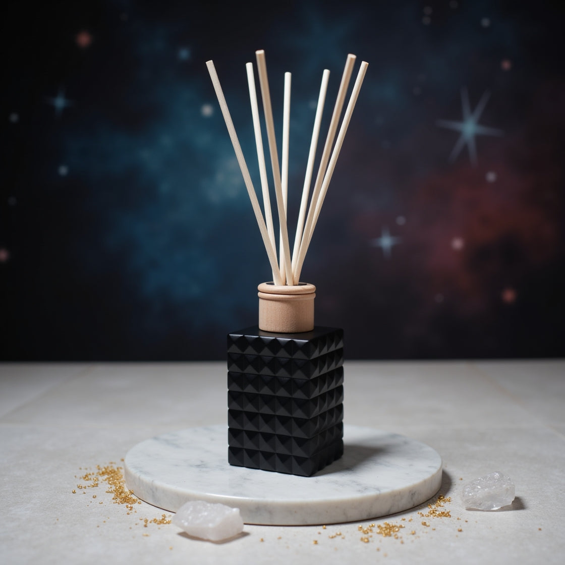 A magical Stardust scented reed diffuser in a matte black bottle.