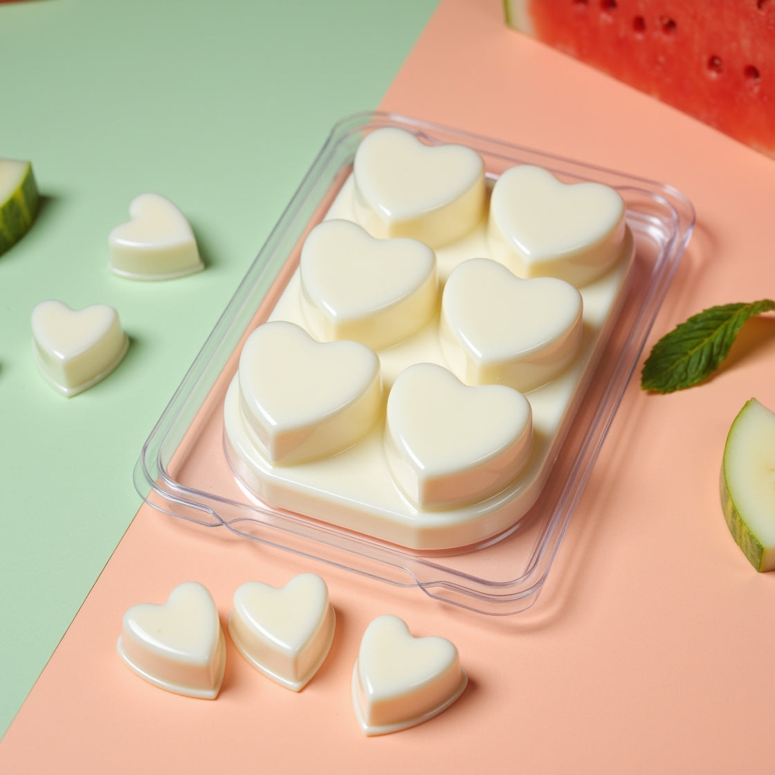 A pack of heart-shaped Summer Melon Spritzer soy wax melts.