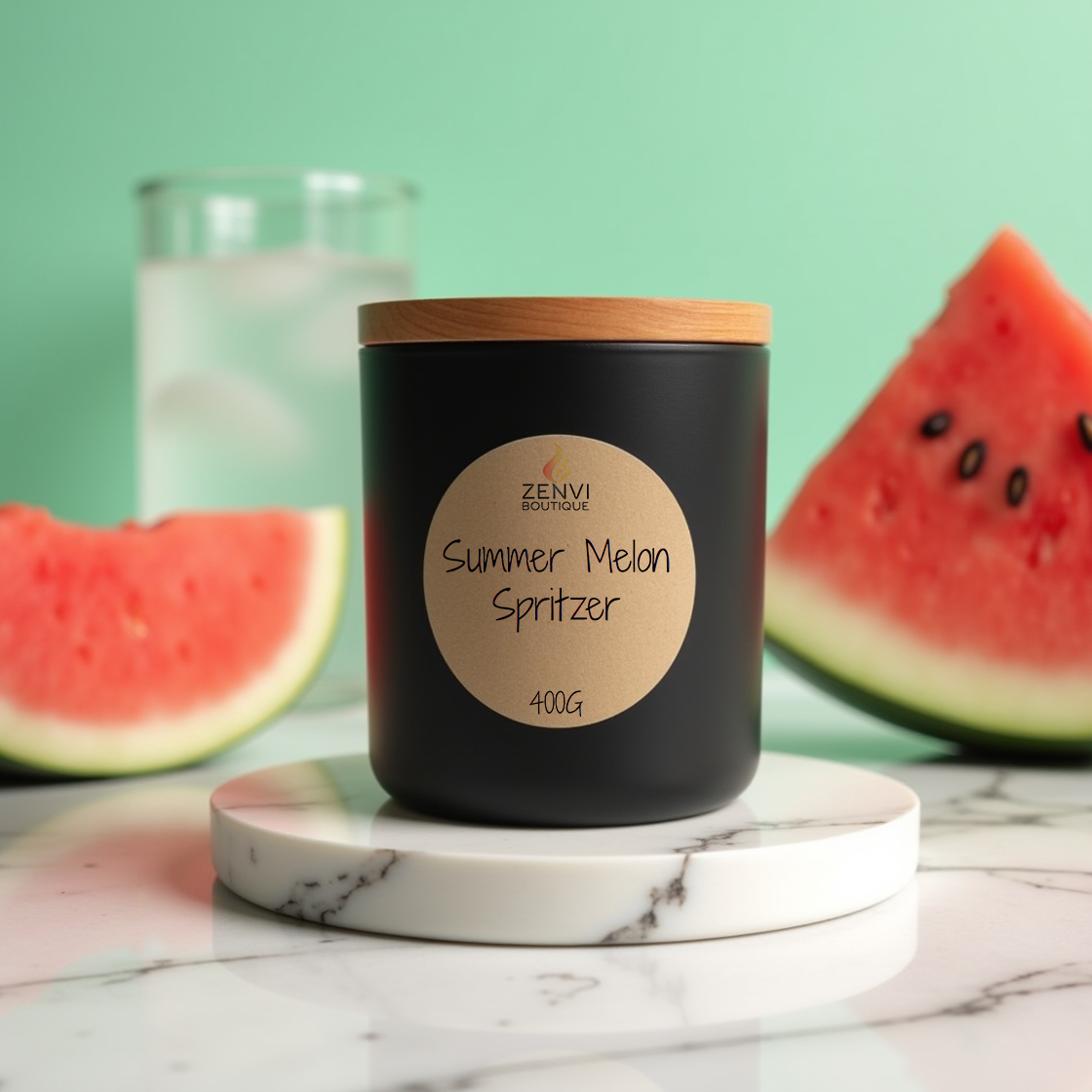 A juicy Summer Melon Spritzer scented soy candle in a matte black jar.