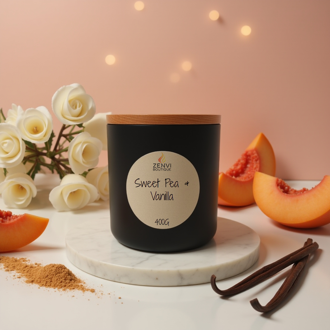 A soft pink Sweet Pea & Vanilla scented soy candle in a black glass jar.