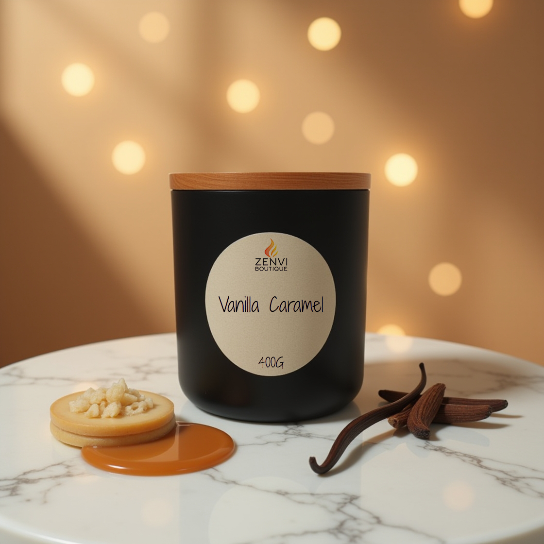 A rich, sweet Vanilla Caramel scented soy candle by Zenvi Boutique.