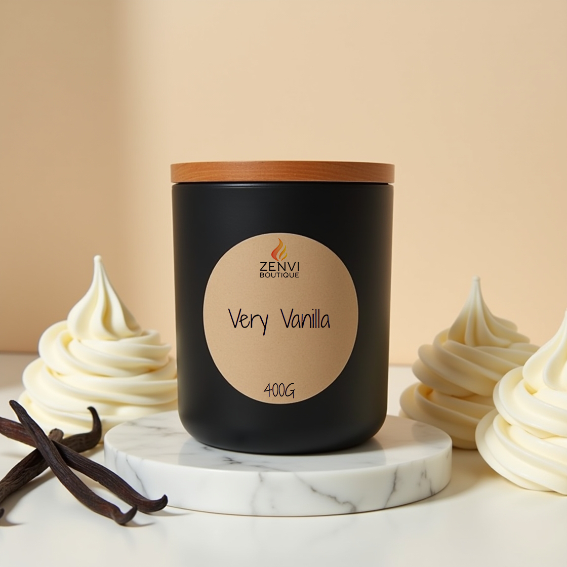 A classic Very Vanilla scented soy candle in an amber glass jar.