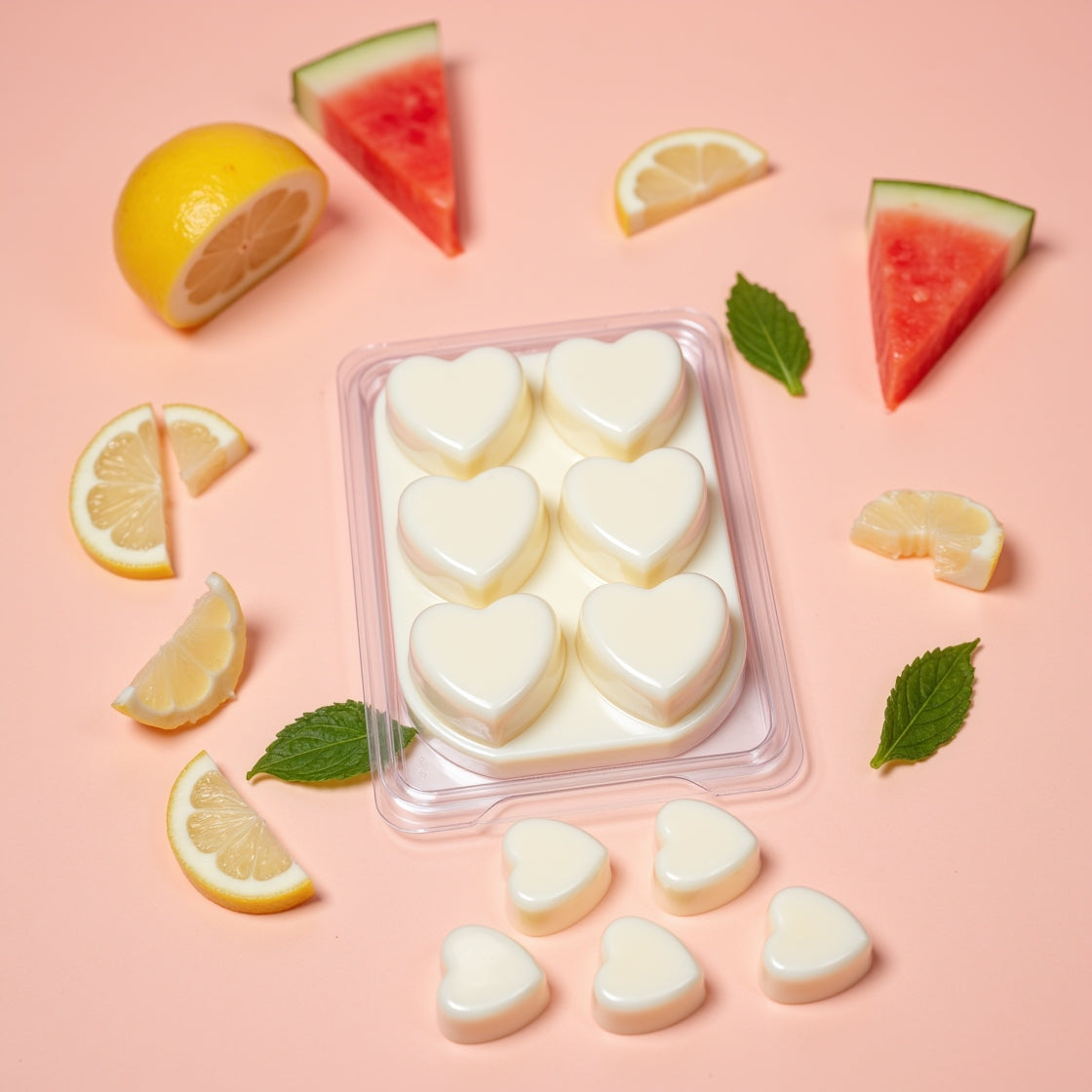 A pack of heart-shaped Watermelon Lemonade soy wax melts.