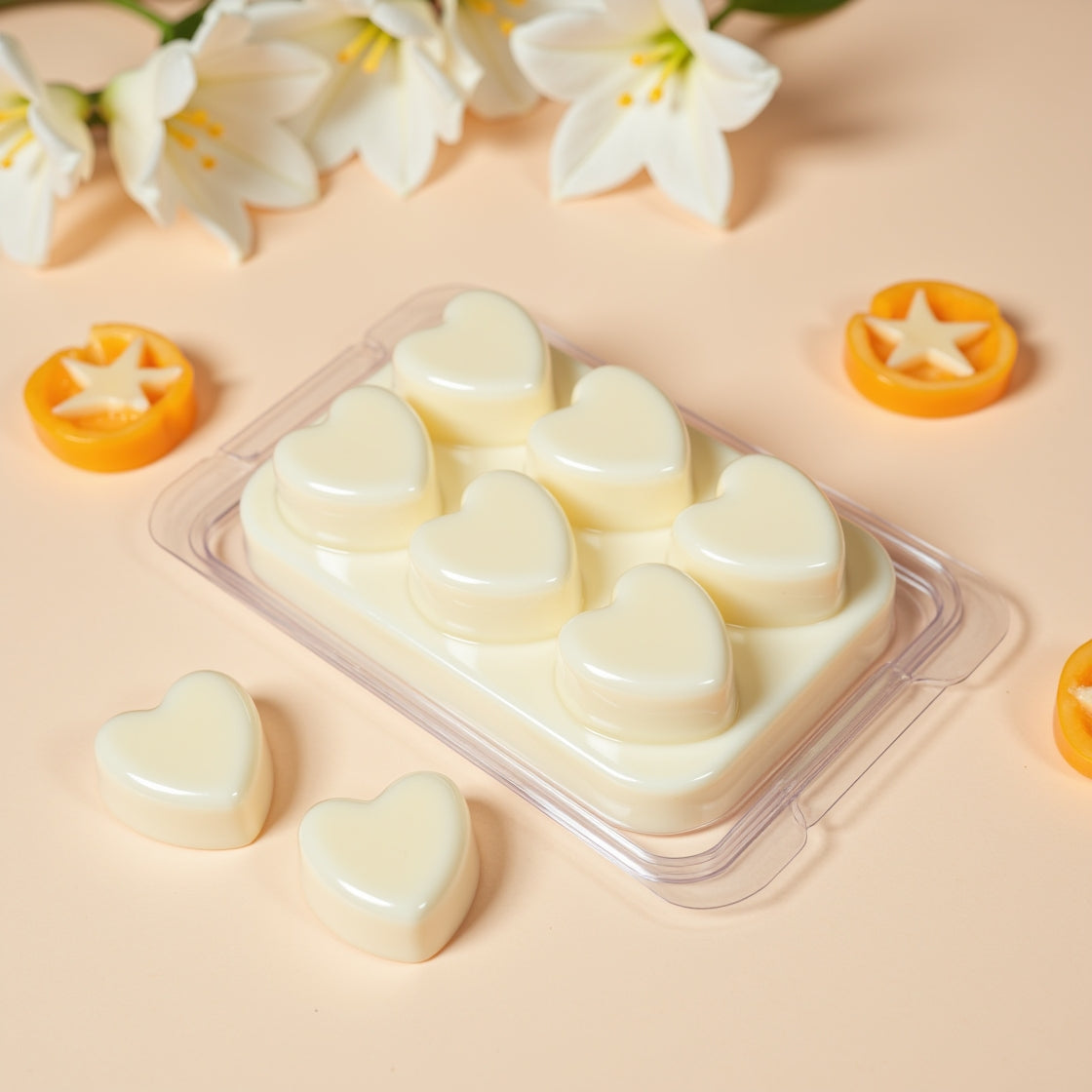 A pack of White Lily & Persimmon scented soy wax melts in a clamshell.