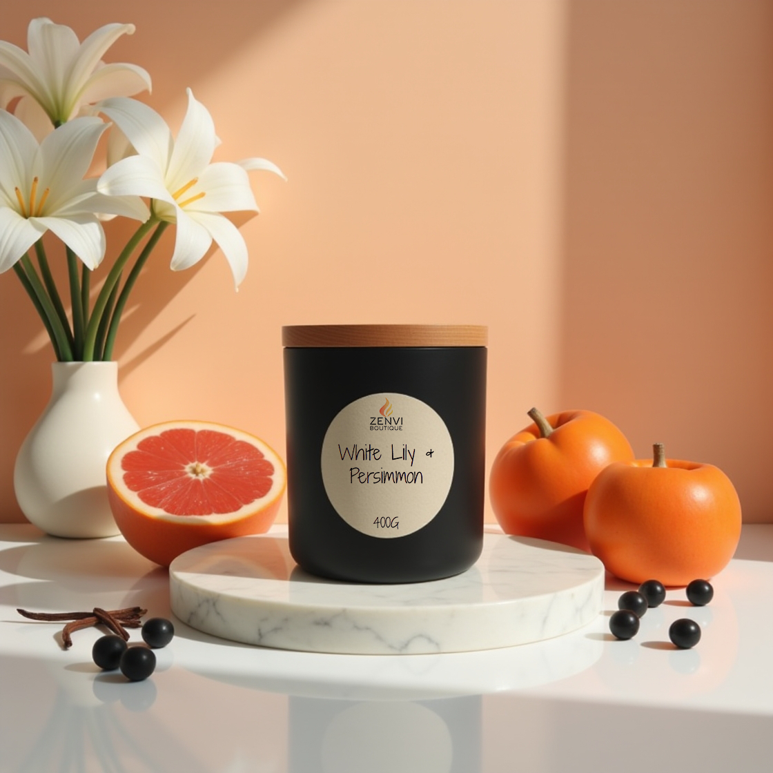 A White Lily & Persimmon scented soy candle in a matte black jar.